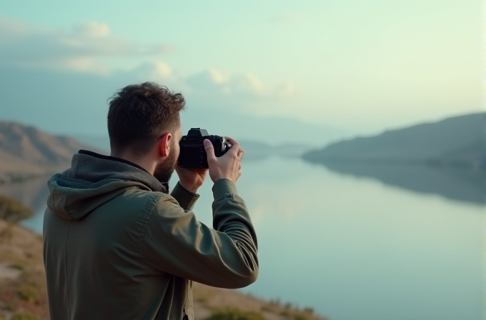 A man takes a photograph of a peaceful lake surrounded by hills.