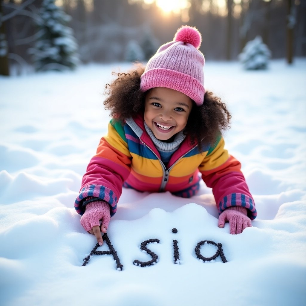 Smiling girl with curly hair wearing colorful winter clothes. She is writing the name Asia in the snow. Background has snow-covered trees and a sunny winter scene.