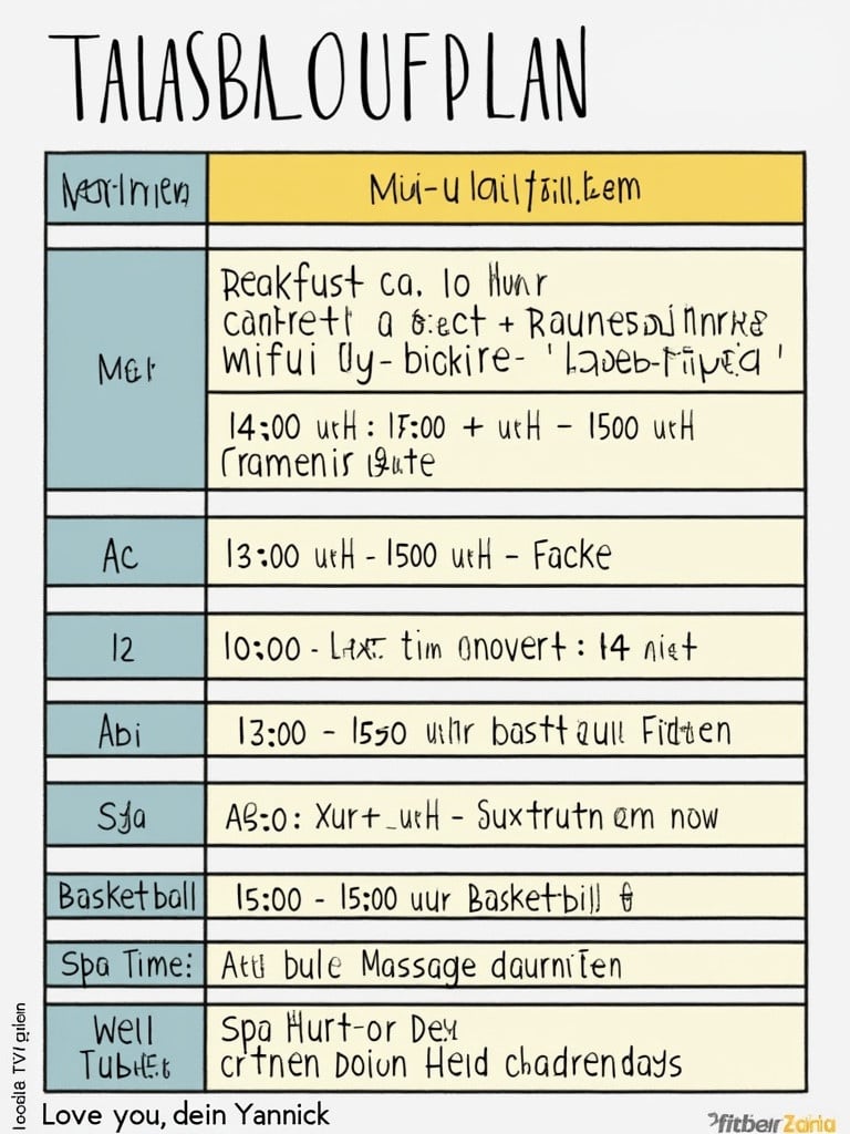 Daily schedule for a day. Breakfast at 10 AM with scrambled eggs and One Piece. 1 PM to 2 PM trampoline park activity. 2 PM to 3 PM break. 3:30 PM to 4 PM outdoor basketball followed by food. Starting 6 PM spa time for wellness bath and massage. Includes a loving note.