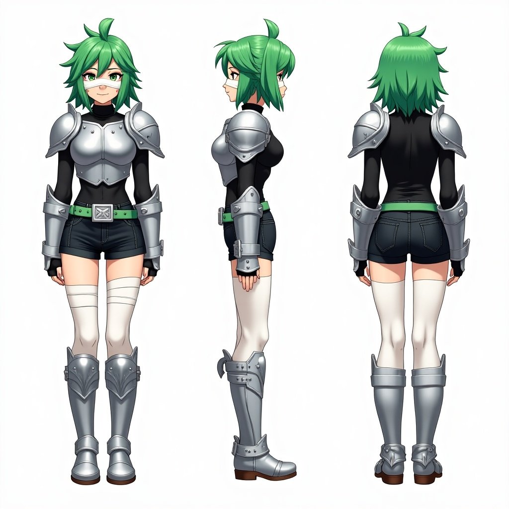 Anime mercenary tomboy with green hair. Character features curtain bangs. Wears metal silver shoulder pads and a chestplate over a black shirt. Sports black short jeans with a green belt and large silver buckle. Adorned with metal gauntlets and shin pads. Leg covered in white tights. Presented in three views: front, side, back.