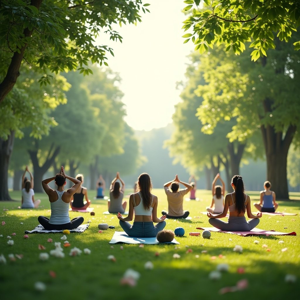 This image depicts a serene outdoor yoga session with a diverse group of participants practicing different yoga poses on mats laid out on a lush green lawn. Tall trees surrounding the area allow soft sunlight to filter through, creating a tranquil atmosphere. Participants are engaged in a mindful yoga practice, focusing on their breathing and movements. The setting is peaceful, with hints of flowers scattered on the grass, enhancing the natural beauty. This scene embodies the calm and community spirit often associated with yoga.