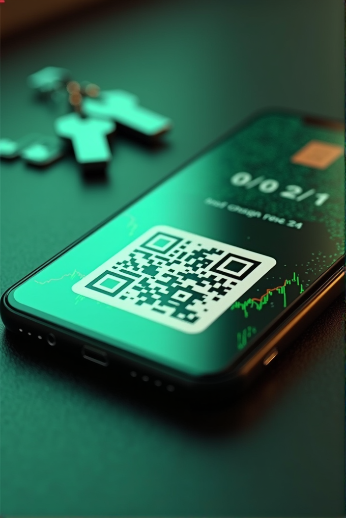 A smartphone displays a QR code and stock information, with keys in the background.