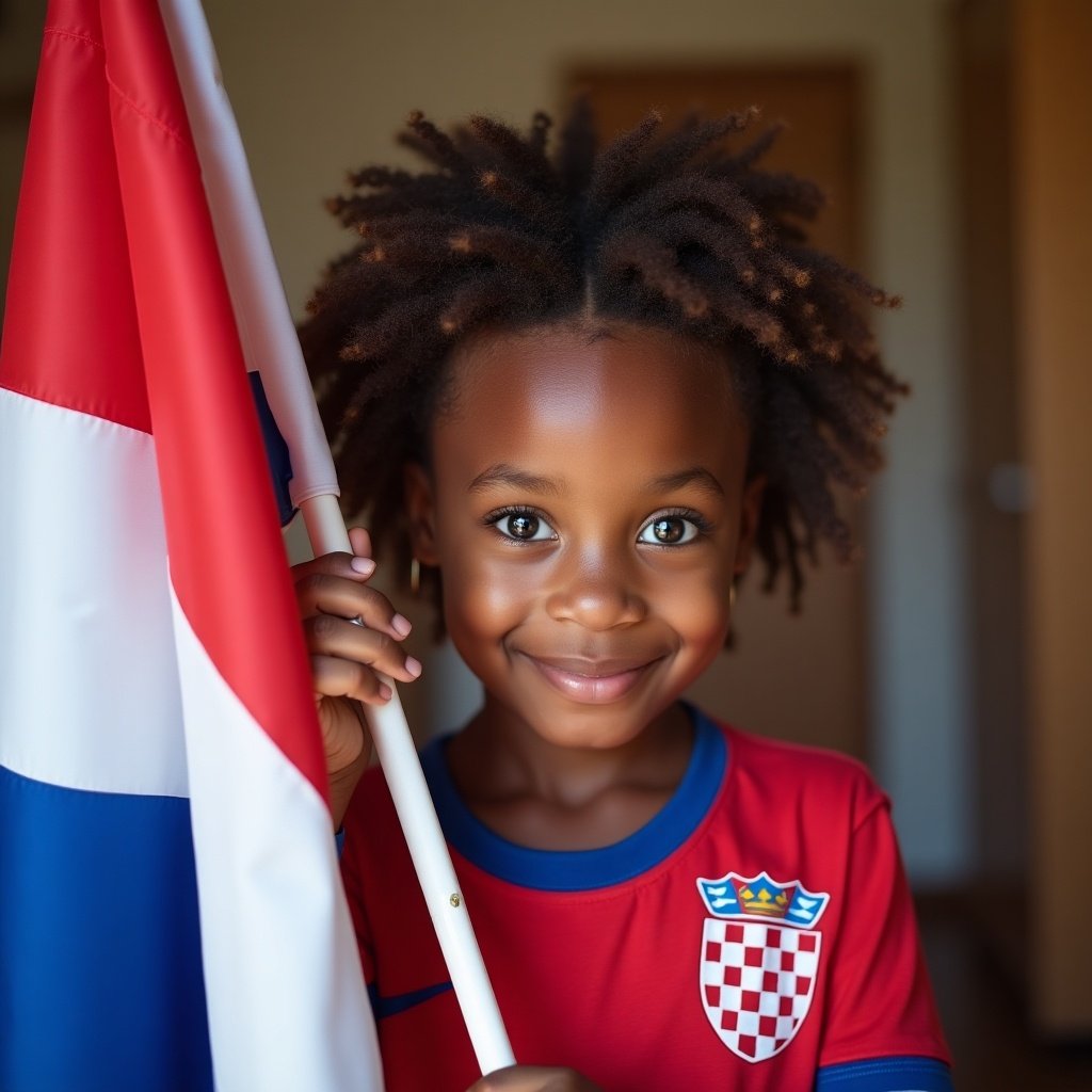 African child with blue eyes holds Croatian flag. The child wears a red shirt with a crest. The background shows a well-lit room with neutral colors.