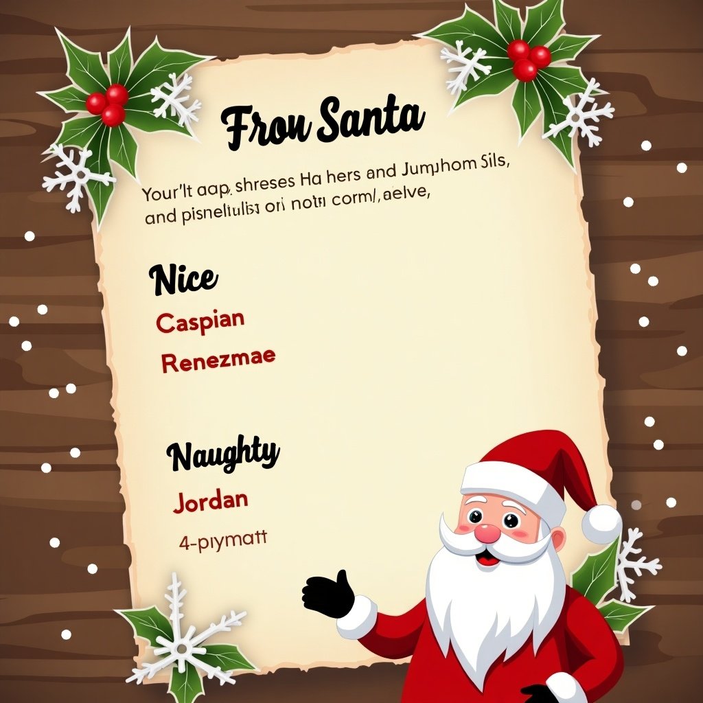 Letter from Santa with naughty and nice list. Nice list includes Caspian and Renezmae. Naughty list includes Jordan. Decorated with Christmas elements.