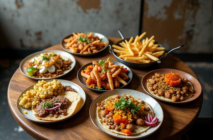 A variety of dishes featuring fries and vibrant vegetarian toppings are artfully arranged on a wooden table.