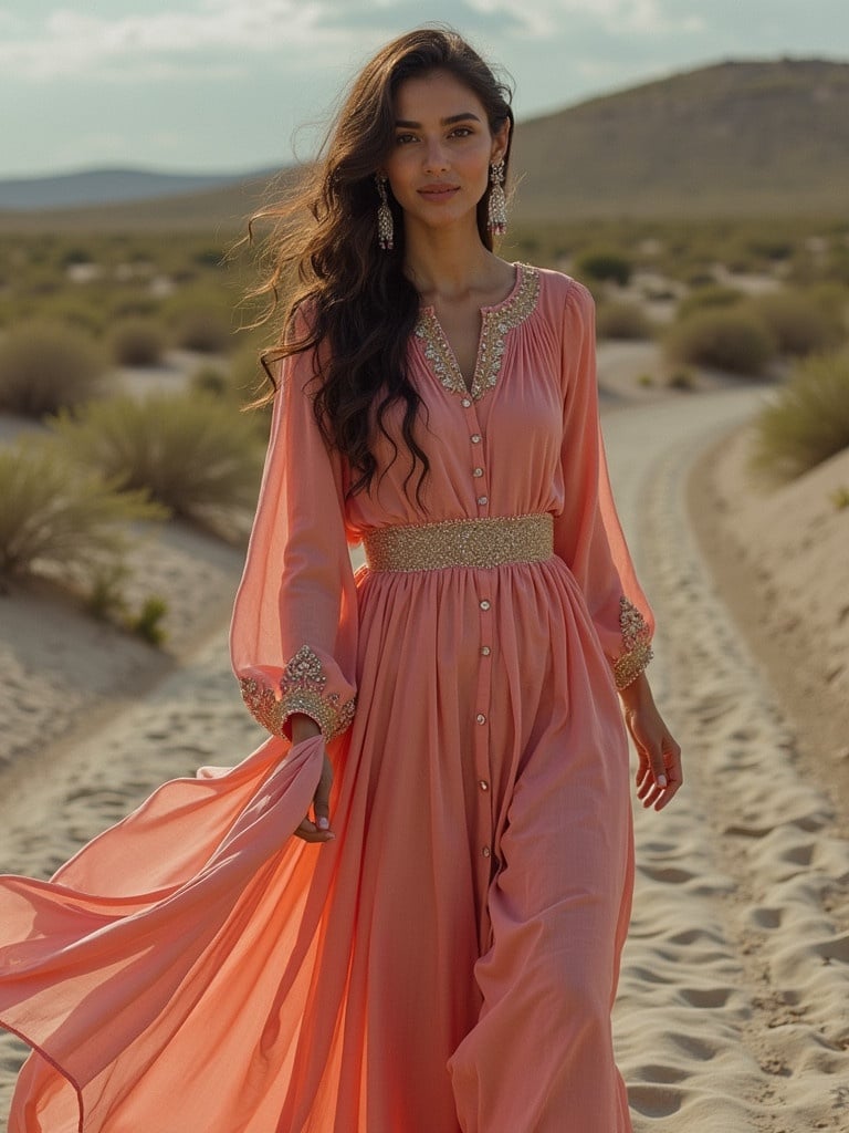 Model wears a peach shalwaar kameez in a desert landscape. Model walks on sandy path surrounded by natural greenery. Dress is embellished with intricate details. Soft sunlight creates a warm ambiance.