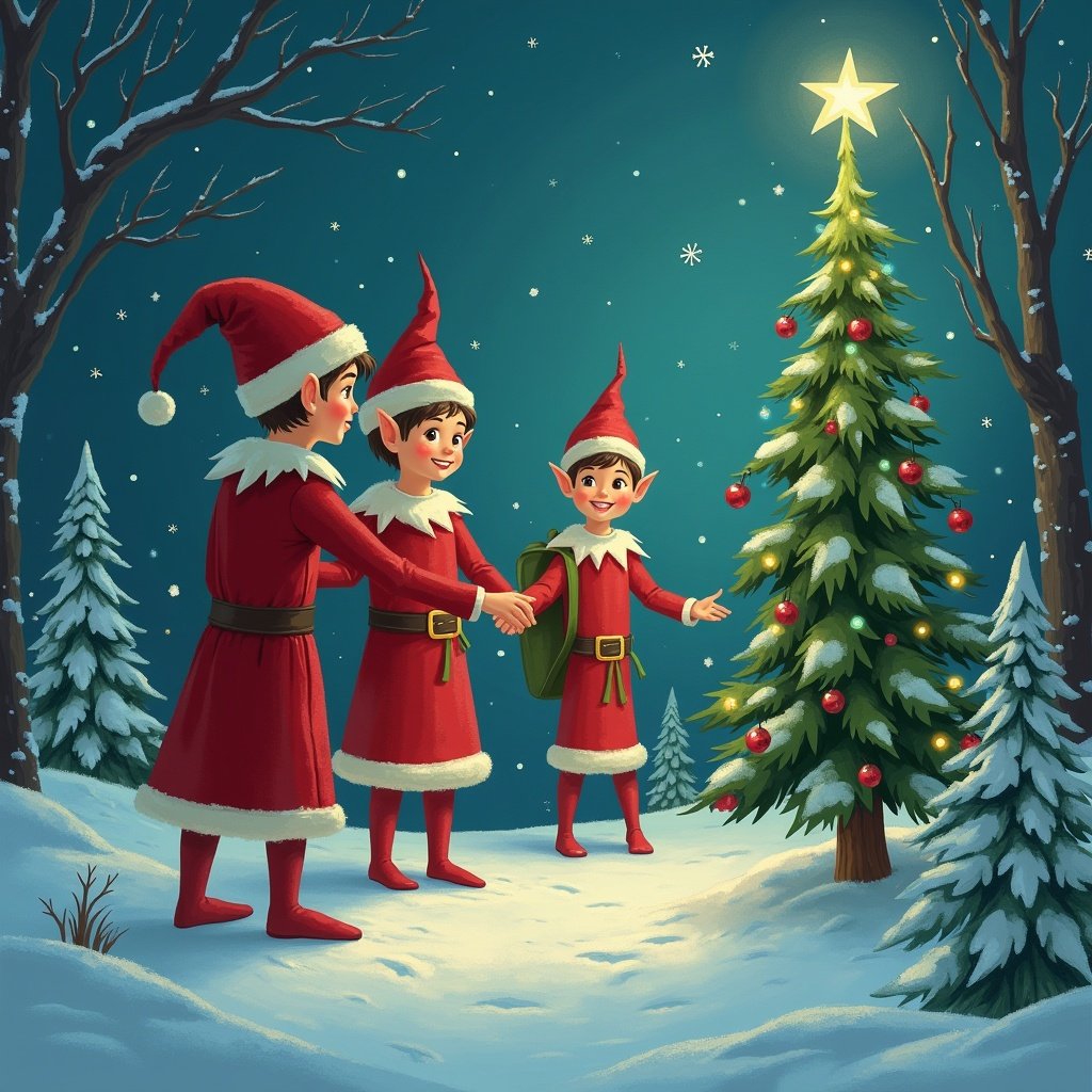 Three red elves and one green elf are together near a Christmas tree. They interact in a snowy setting filled with stars and light. The elves convey a sense of festive magic in their environment.