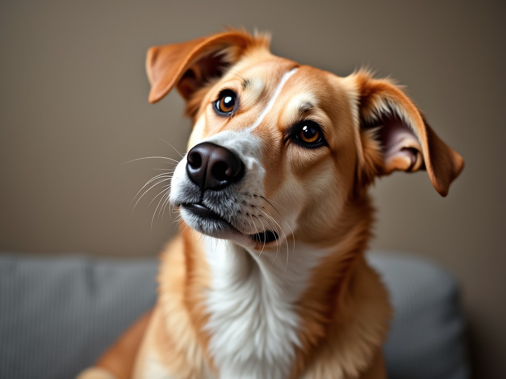 A dog tilts its head curiously while sitting on a sofa. The dog has a gentle expression with its ears perked up. The background is softly blurred to emphasize the dog's features and posture.