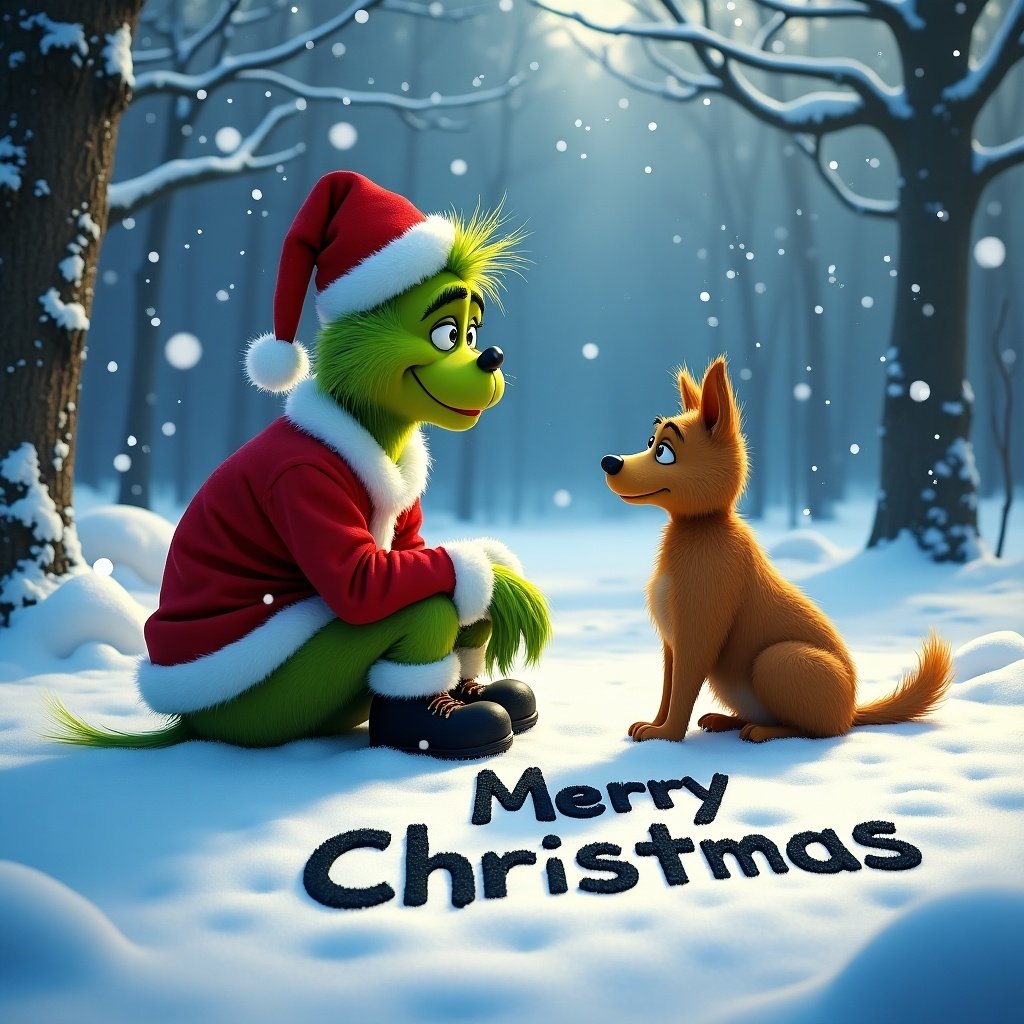 The Grinch sits with Max the dog on snowy ground. They write Merry Christmas in the snow. The Grinch wears a Santa hat and a red suit. Magical winter atmosphere surrounds them.