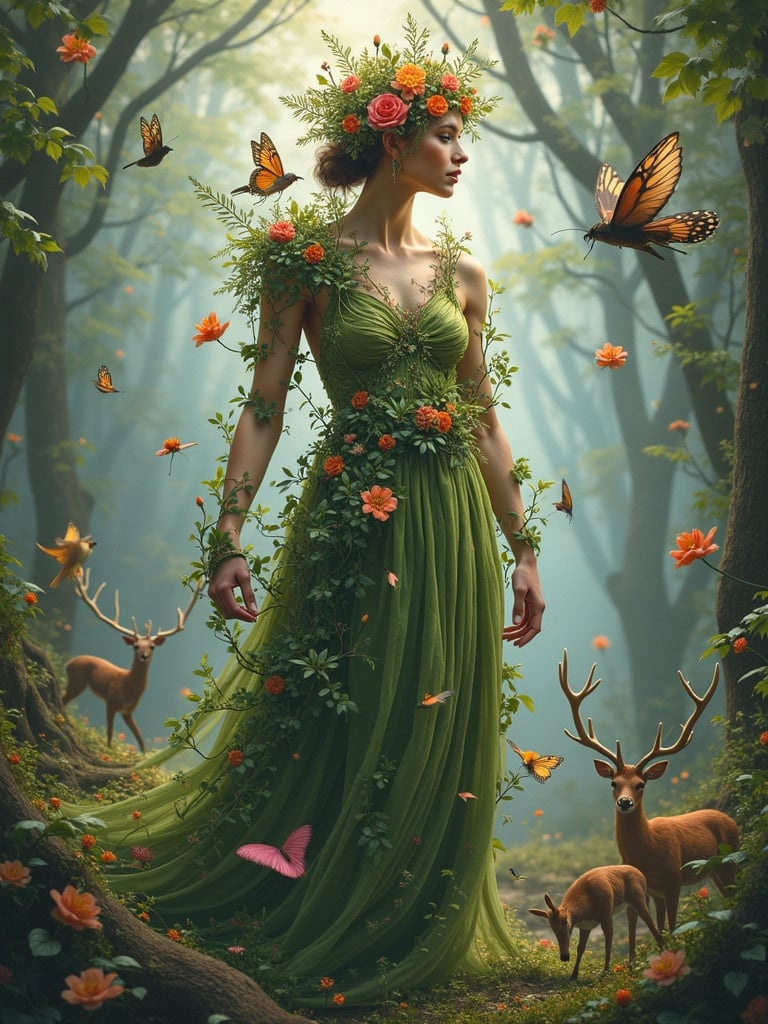 A mystical scene featuring a figure embodying nature. Adorned with vibrant flowers and foliage. Gown made from intertwining vines. Surrounded by butterflies, deer, and songbirds. Ethereal composition captures flora and fauna. Evokes enchantment and serenity.