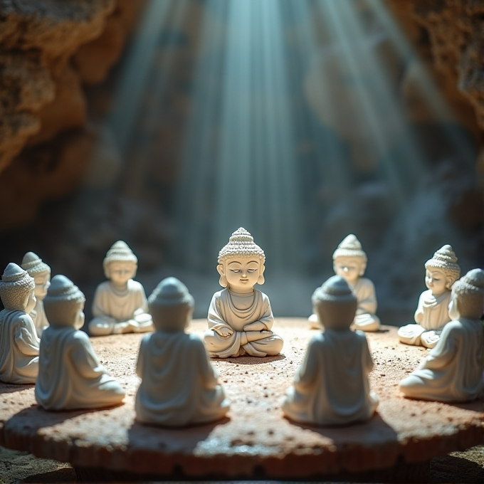 A group of small Buddha statues arranged in a circle on a stone altar, with soft light beams illuminating the scene in a cave-like environment.