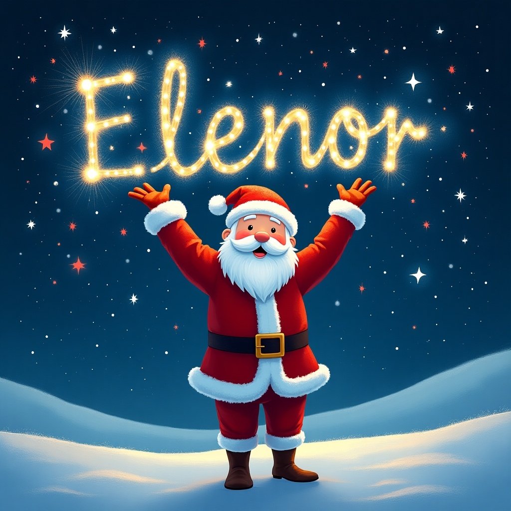 Santa Claus stands in a snowy landscape with his arms raised. The name Eleanor is written above in sparkling lights against a starry night sky.