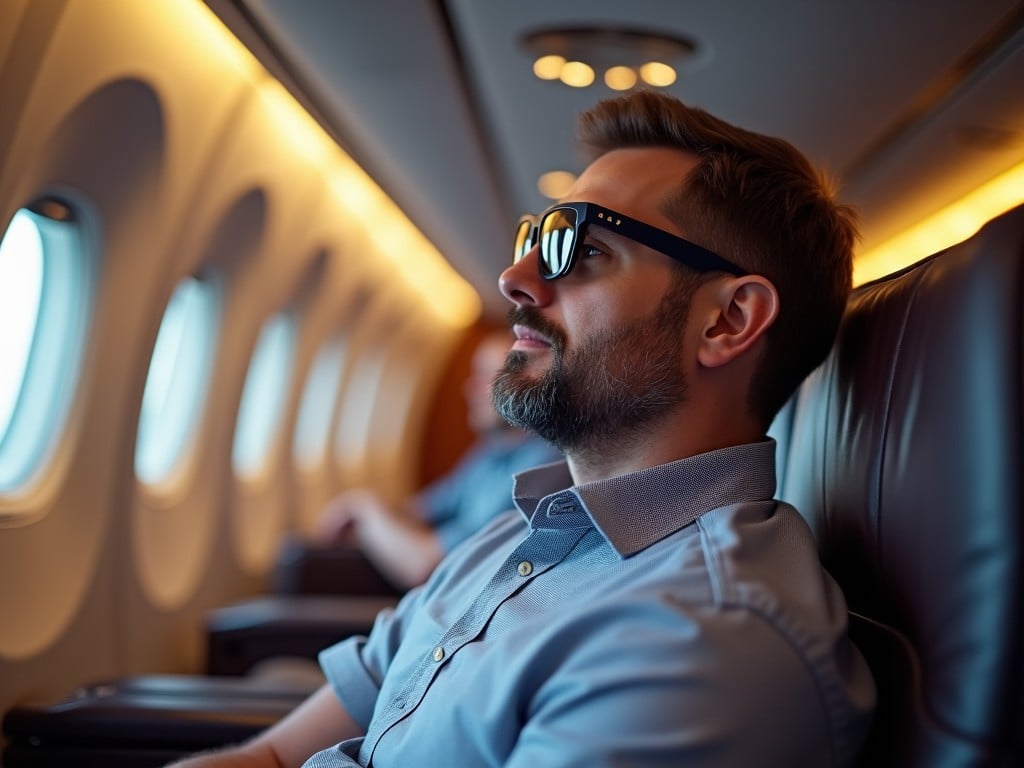 The image depicts a man sitting comfortably in an airplane, wearing sunglasses and enjoying a moment of relaxation. The interior is softly lit, showcasing the comforting environment of business or first class. He appears thoughtful, looking out of the window, suggesting a tranquil travel experience. Other passengers are subtly visible in the background, reinforcing the setting. The colors are warm and inviting, enhancing the sense of comfort and luxury associated with air travel.