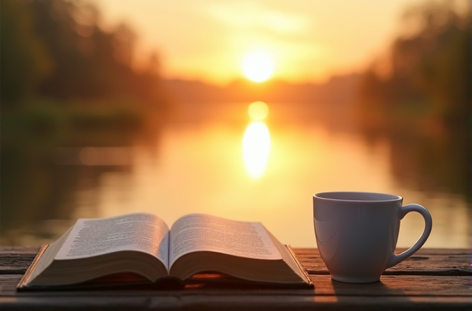 An open book and a white mug sit on a table by the water during sunset.