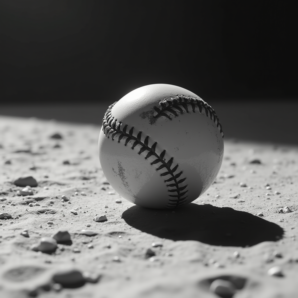 A baseball rests on a rocky, moon-like surface under low light, casting a distinct shadow.