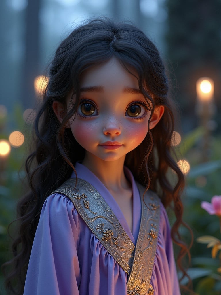 A young girl with long wavy dark brown hair wearing a lavender robe stands in an enchanted forest. The background features glowing plants and magical orbs of light at twilight.