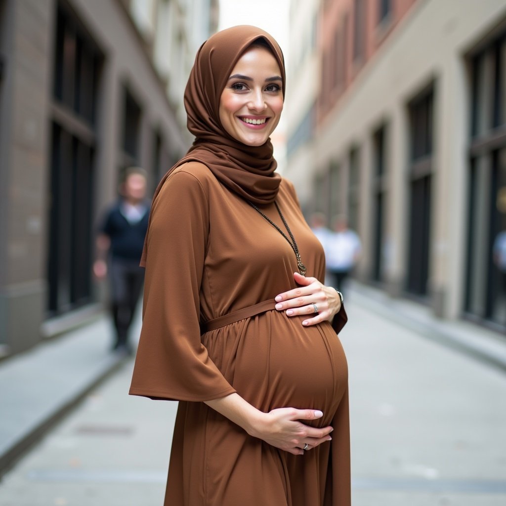 A pregnant woman stands gracefully in an urban setting. She wears a stylish brown hijab and an elegant brown dress. The woman smiles warmly. The background features a cityscape with buildings.