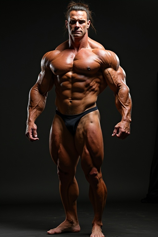 Muscular bodybuilder striking a most muscular pose with defined muscles and visible veins. Dark background highlights physique. Strong athletic presence.