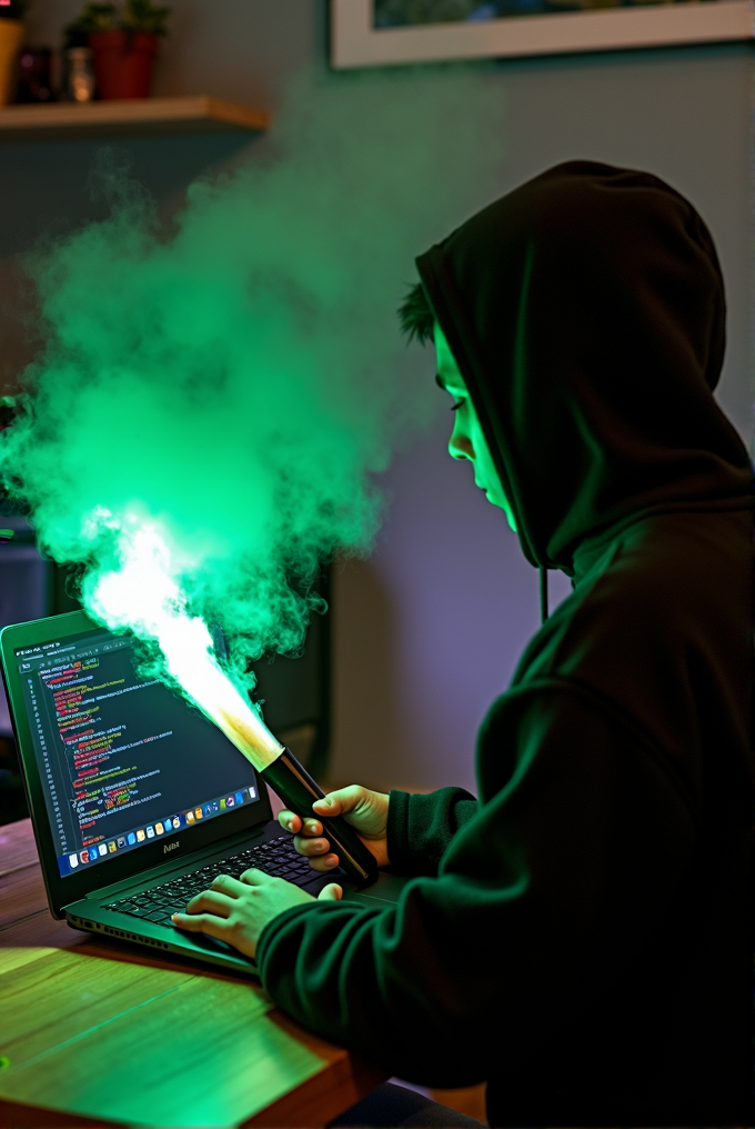 A person in a hoodie holds a green smoke flare while sitting at a laptop displaying code.