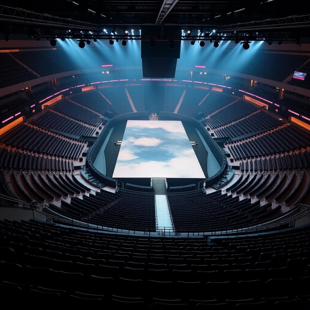 Large scale concert setting from a bird's eye view. Stadium filled with empty seats. Central circular stage with rectangular screen behind it. Catwalk extending from stage. Dramatic lighting creates inviting atmosphere for live events.