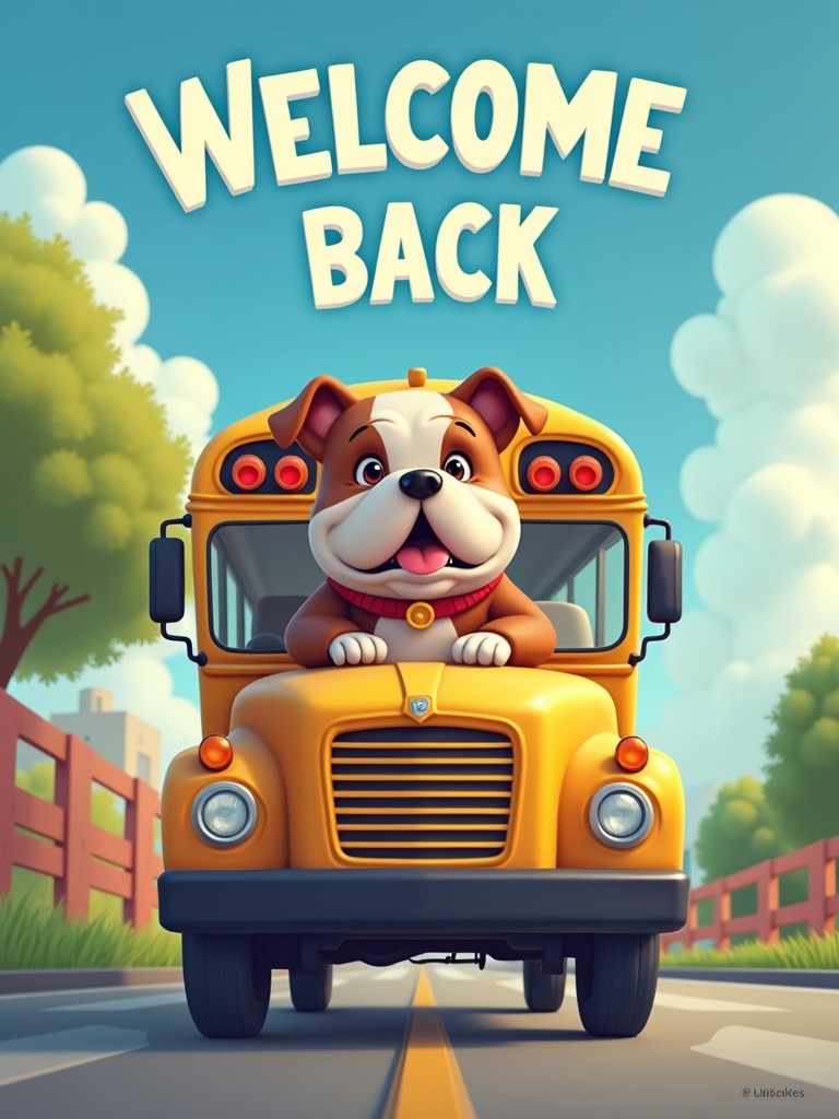 A cheerful bulldog waves from a school bus. The background has a school setting. The words 'Welcome Back' are in large font in the sky.