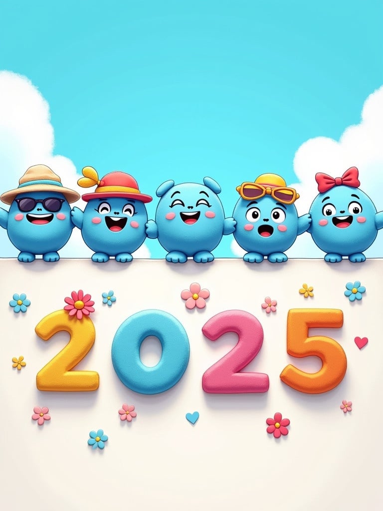 Group of five round blue plush characters with unique accessories such as hats and sunglasses. They express joyful emotions while resting on top of a white wall. Below them, large colorful textured numbers read '2025'. The scene includes a bright blue sky and fluffy clouds with floral decorations.