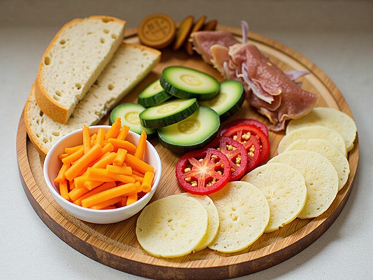 A beautifully arranged food platter on a wooden board. The platter includes slices of yellow cheese, fresh cucumbers, and vibrant carrots. Also present are slices of bread and cured meats. Red tomato slices add a pop of color. The arrangement is neatly displayed, showcasing a variety of textures and colors. Soft natural lighting enhances the appeal of the food, making it look appetizing.