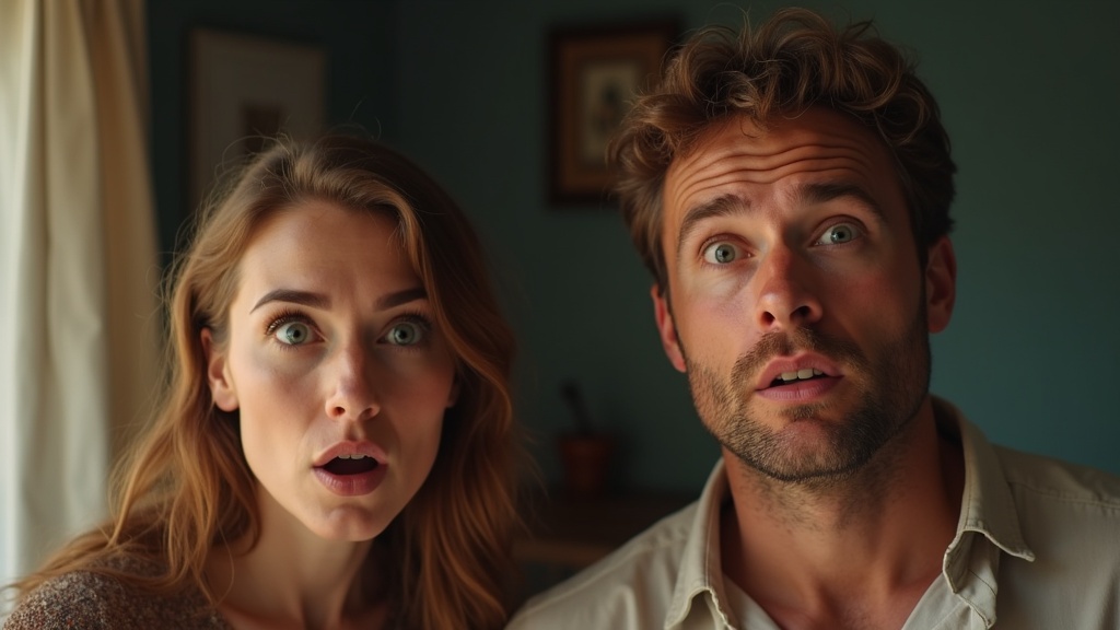 A man and a woman exhibit shock with their eyes wide open. The background is soft with natural light. 