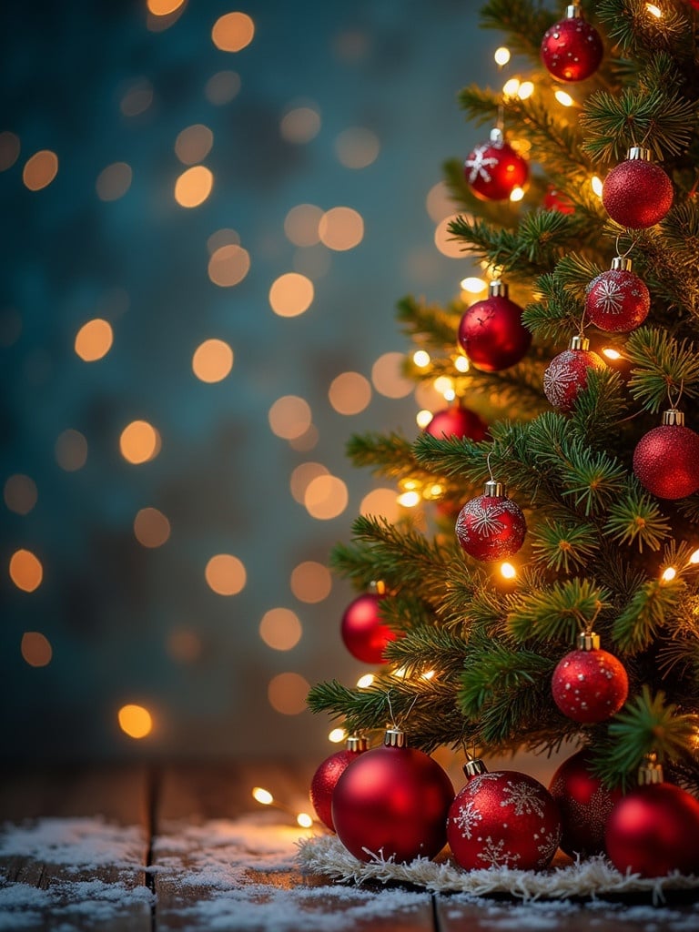 Christmas tree decorated with red ornaments and warm lights. Snow scattered on wooden floor. Blurred lights in background create festive bokeh effect. Space available for text or additional images.