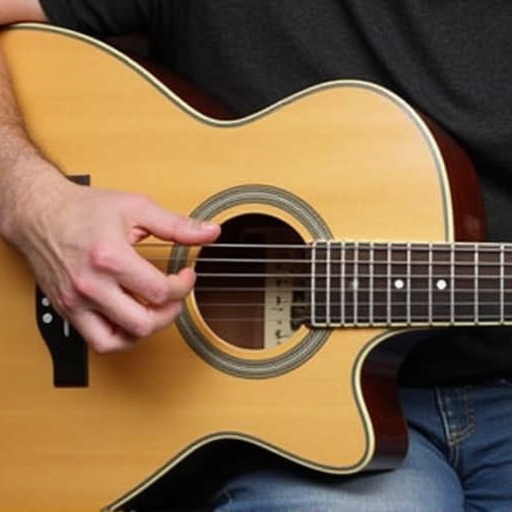 Fingerstyle technique demonstrated on an acoustic guitar. Overhead view focuses on hand placement for chord shapes. Ideal for instructional materials. Camera setup utilizes a boom arm for stability.