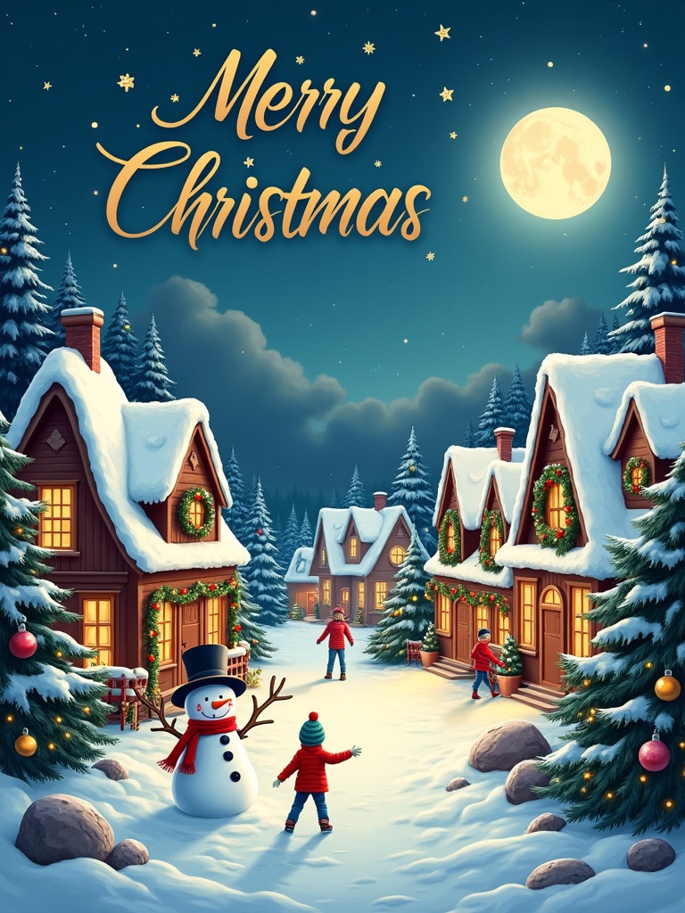 Christmas card design with a picturesque snow-covered village at night. Cozy cottages with colorful lights and holiday decorations. Starry sky and a bright moon. Cheerful snowman and children playing. Christmas trees with ornaments. Elegant golden script saying Merry Christmas.