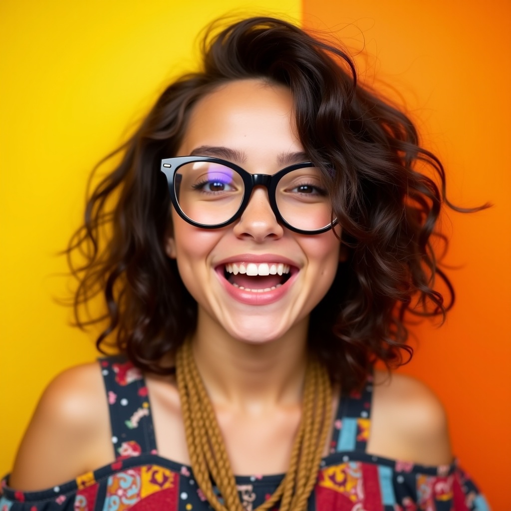 Young woman with dark wavy hair smiles broadly wearing large glasses. Background features vibrant gradient yellow to orange. Colorful top with ropes around neck. Her expression radiates happiness and warmth. Portrait captures youthful exuberance and creativity.