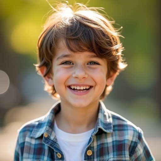 A cute boy with short brown hair wears a plaid shirt. Soft sunlight shines from behind. The boy stands outdoors, displaying a joyful expression while surrounded by greenery.