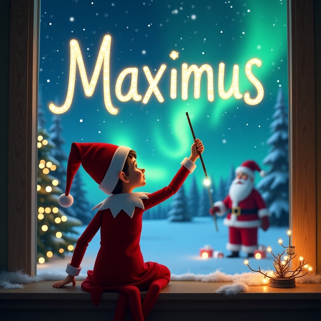 Elf on the Shelf faces the sky. Elf writes Maximus in the air with a wand. Magical Christmas background includes northern lights and Santa. Colorful holiday scene.