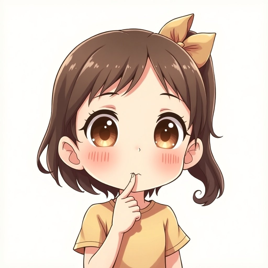 Cute illustration of a young girl in a yellow shirt. She is pointing her chin with a playful expression. The background is neutral to enhance focus on the girl.