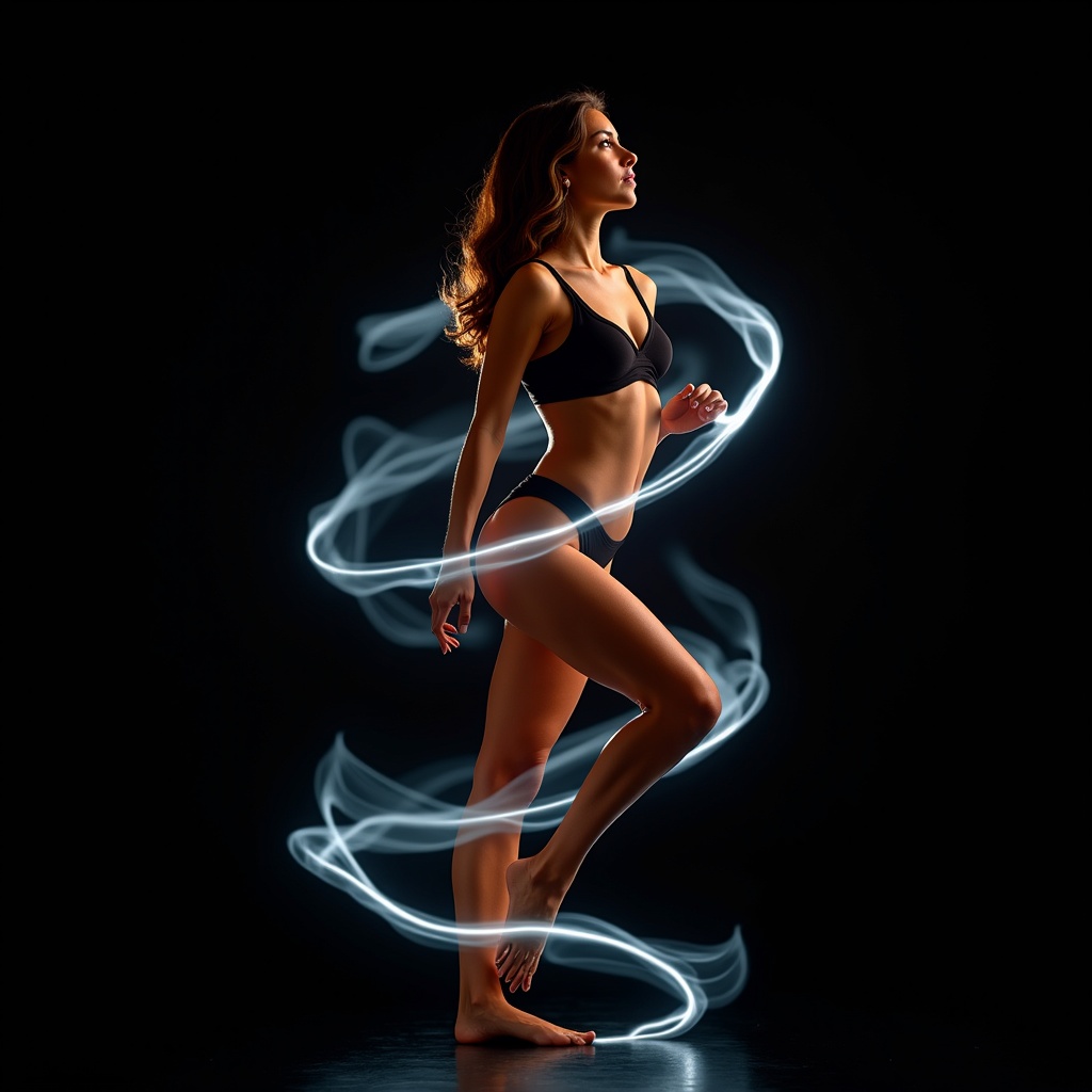 In this striking visual, a beautiful woman embodies grace and elegance against a dark backdrop. Her hourglass figure is highlighted by form-fitting attire, while twisting bioluminescent waves surround her, creating a mesmerizing glow. The side lighting enhances her features, adding depth to the composition. This hyperrealistic portrayal showcases fluidity and elegance, suitable for various visual applications, including advertising and editorial use. The dynamic essence of the pose evokes beauty and strength, ideal for creative projects.