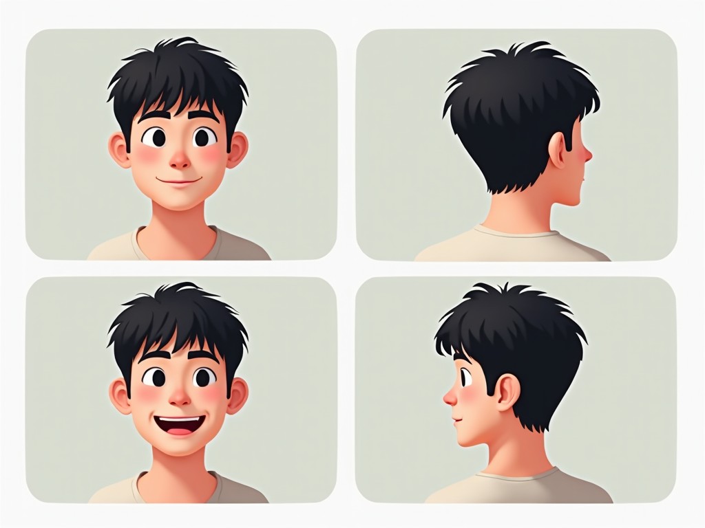 A series of four digital illustrations depicting a young animated character with dark hair, each image showing a different angle and expression of the character's face, against a soft green background.