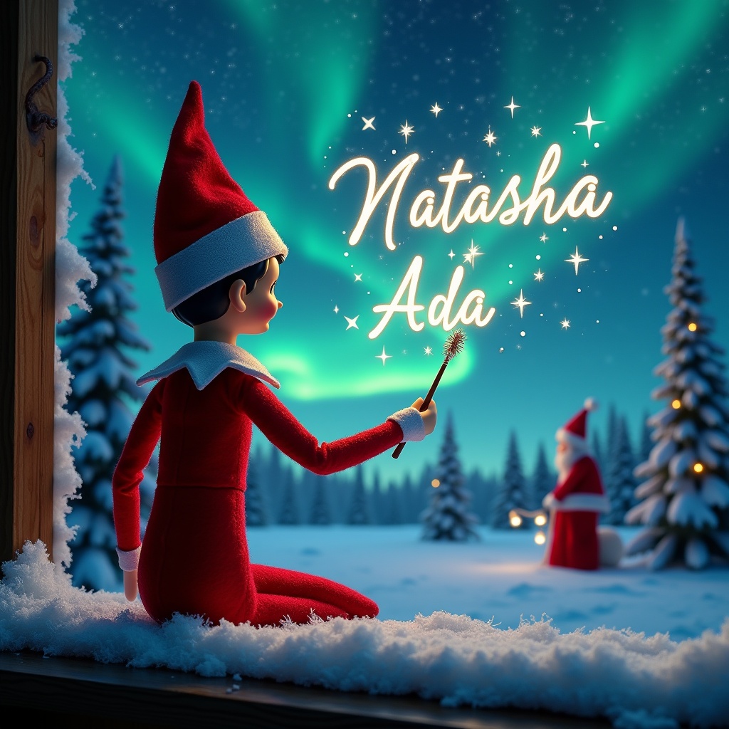 Elf on the shelf with back to viewer. Facing winter night sky filled with northern lights. Elf in red outfit uses wand to write names Natasha and Ada in stars. Snow-covered trees surround elf. Santa silhouette in distance.