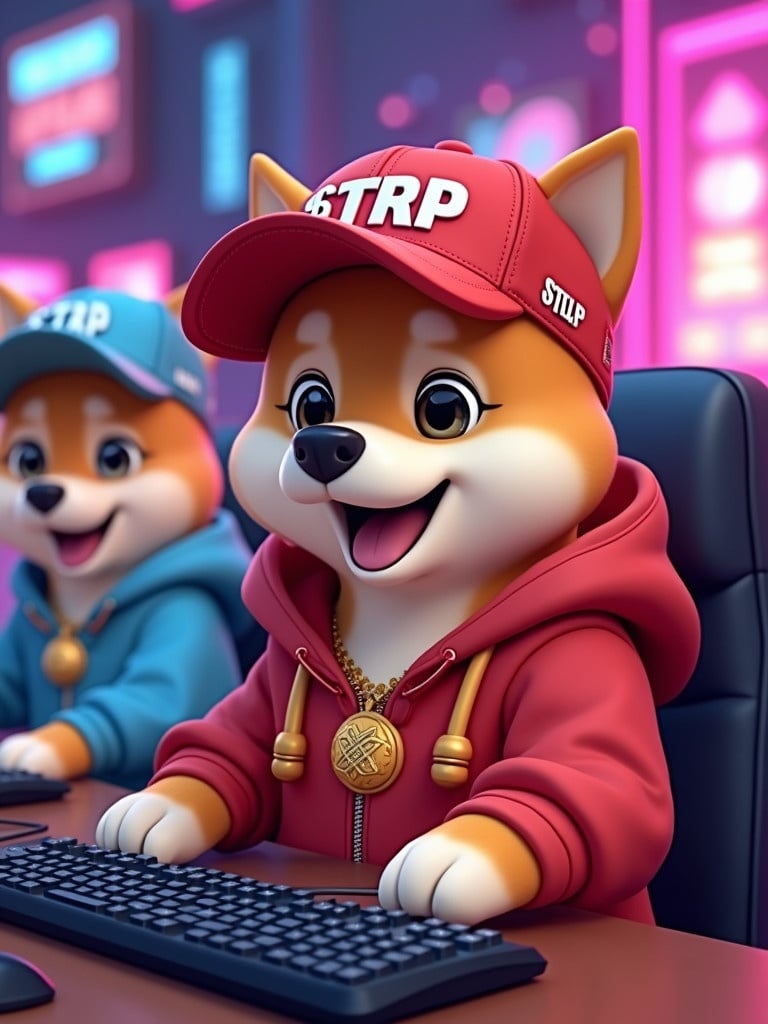 Animated Shiba Inu characters in vibrant hoodies play computer games. Characters wear red baseball caps with $TRP branding. The setting is a colorful, sparkling game room filled with vibrant lights. One character displays a joyful expression while gaming.