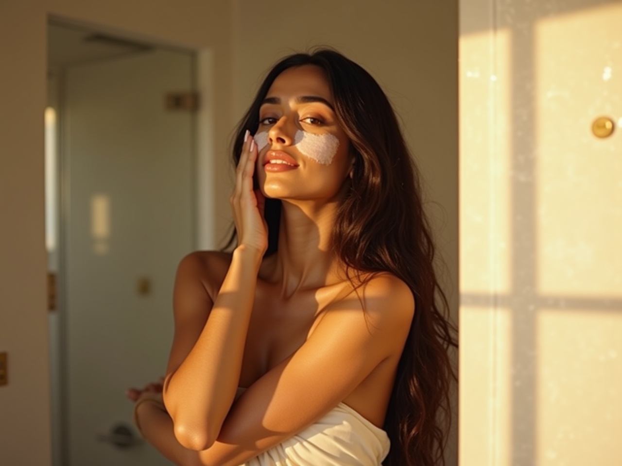 A stunning Indian woman with long, dark hair is in a minimalist bathroom. She is gently washing her face, emphasizing her skincare routine. Soft, golden sunlight filters through, illuminating her glowing skin. The serene expression on her face reflects contentment and relaxation. The decor is simple yet elegant, enhancing the tranquil atmosphere of the scene.