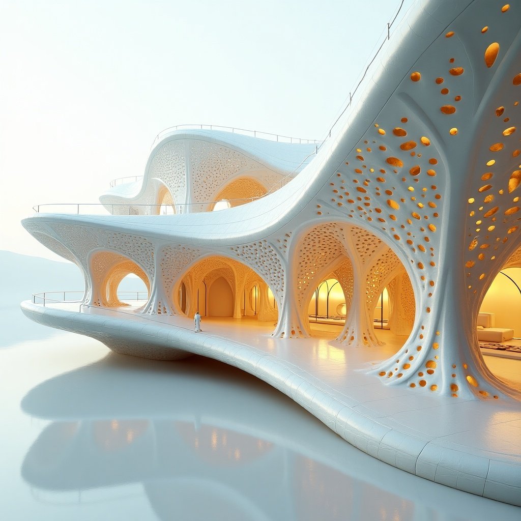 Digital rendering of an architectural structure by Zaha Hadid. The design features flowing lines and intricate patterns, creating an engaging visual experience. It showcases generative design aesthetics with voronoi shapes and gold fractal details.