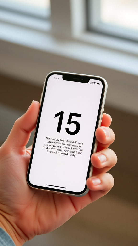 A person holding a smartphone displaying a large number 15 on a white screen.