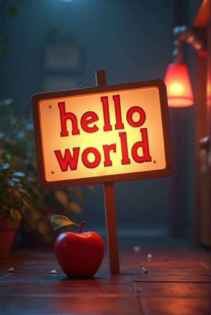 A warmly lit sign with 'hello world' stands on a wooden post near a shiny red apple on a tiled floor, with ambient evening lights and greenery in the background.