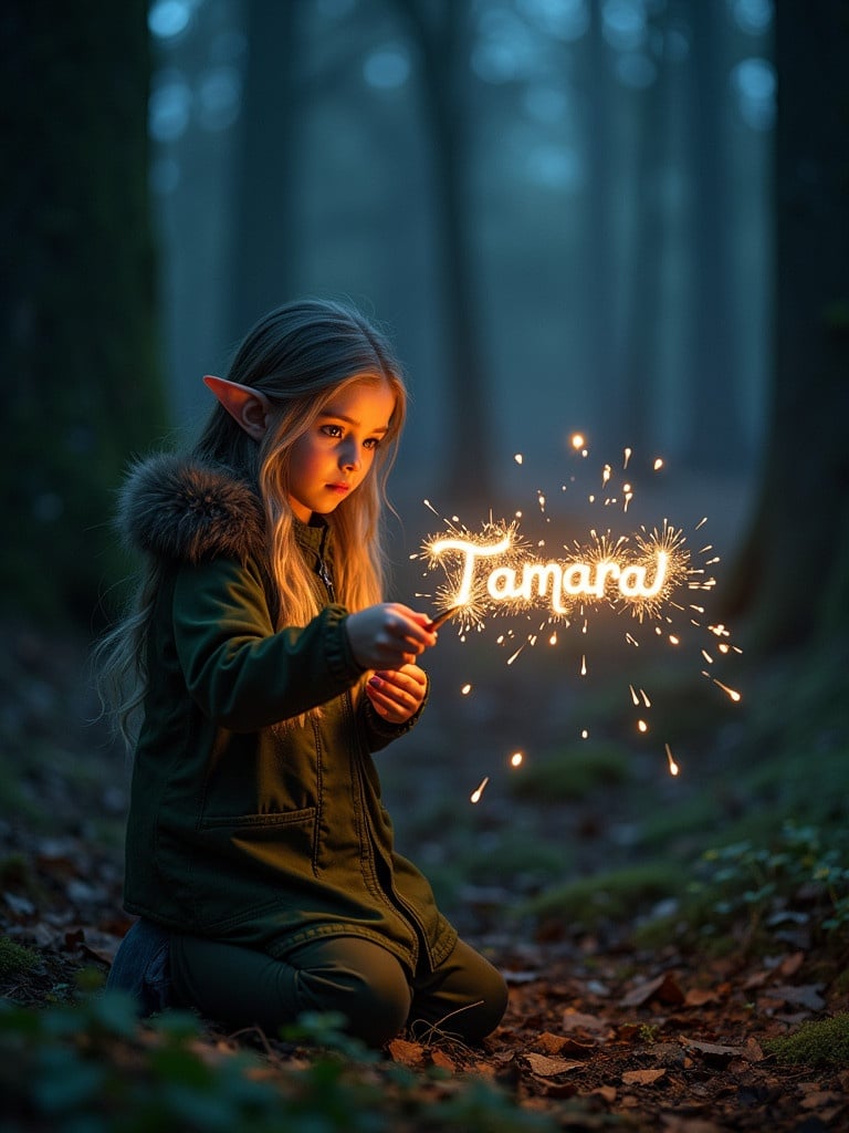 Elf character in a magical forest at night kneels on the ground. The elf writes the name Tamara with a sparkler. The atmosphere is enchanting with a mystical glow around the sparks. Soft light filters through the trees creating a fantasy setting.