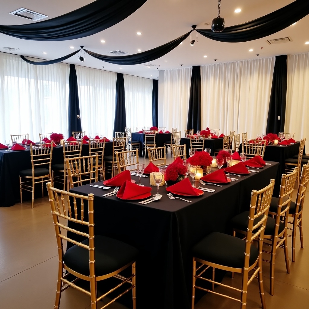 This image displays a large and elegant banquet space designed for events. The room features white shimmering table cloths alongside black and white drapery for a sophisticated look. Each table is adorned with black linens, red napkins, and striking red centerpieces, creating a vibrant contrast. Gold chiavari chairs add a touch of luxury to the setting. The overall ambiance is bright and welcoming, making it perfect for weddings and large gatherings.