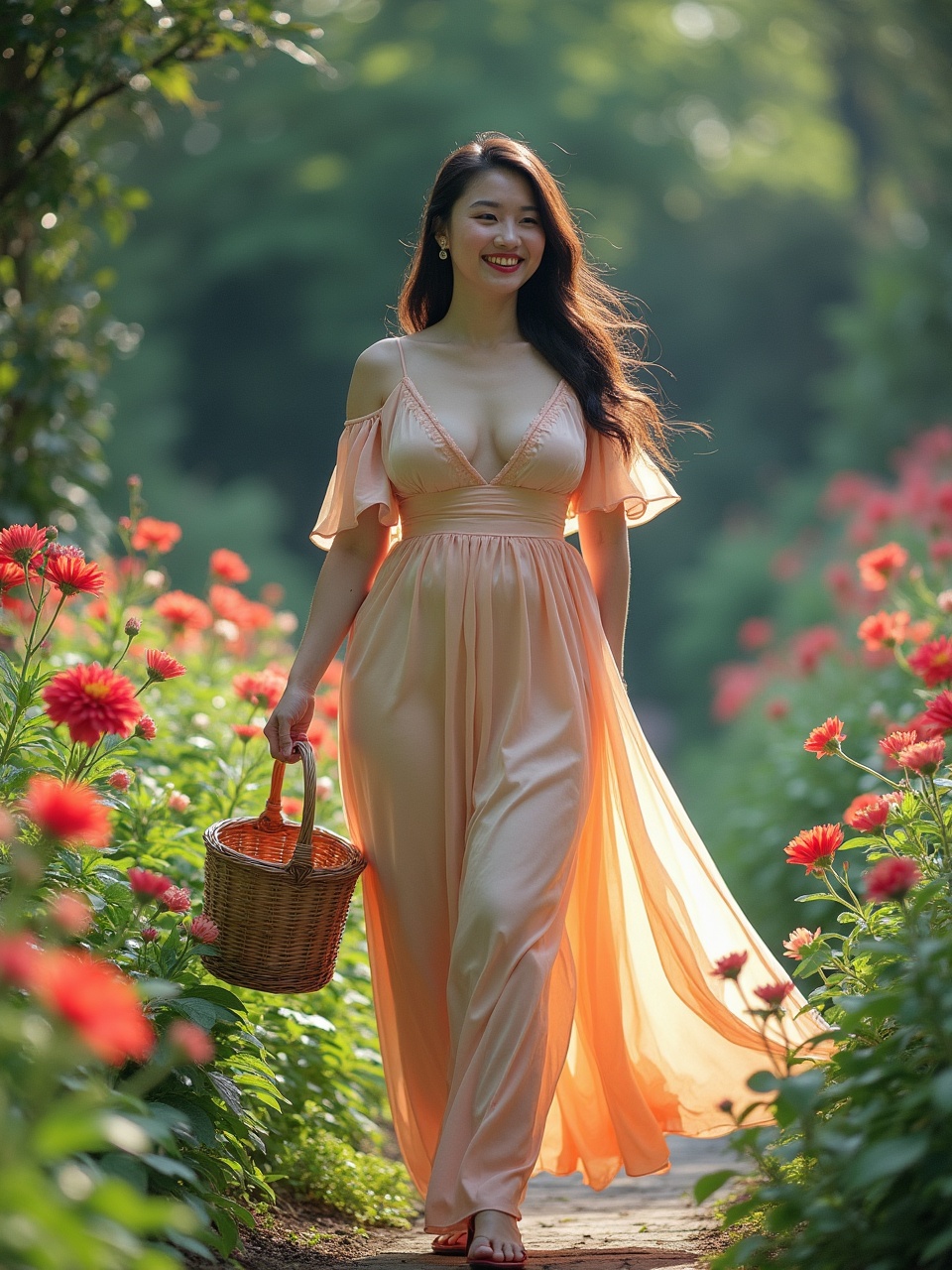 The image depicts a woman gracefully walking through a garden filled with vibrant red flowers. She wears a flowing peach-colored dress that complements the lively greenery surrounding her. The soft lighting casts a warm glow, enhancing the dreamy atmosphere as she carries a wicker basket along the stone path.