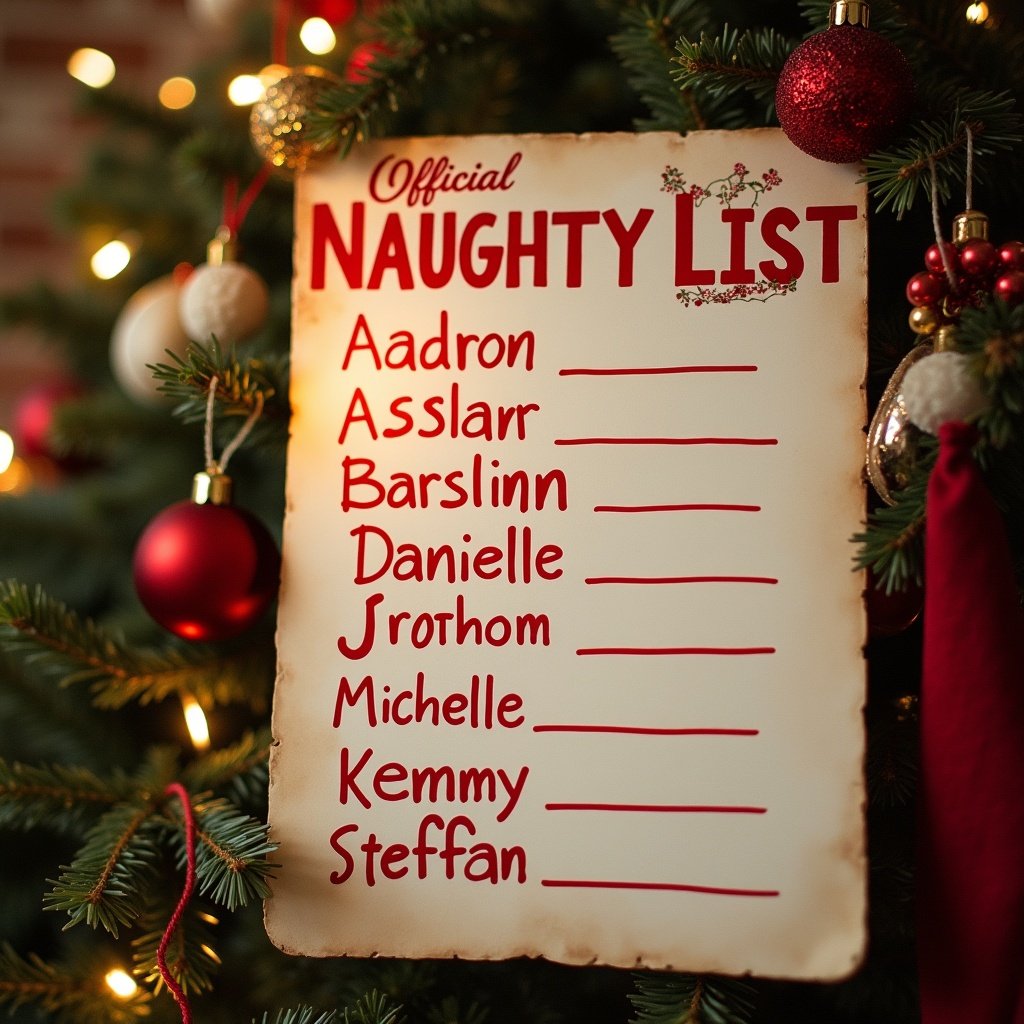 A picture of an official Naughty list in a festive setting. The list has names written on it. Christmas tree decorations are visible around.