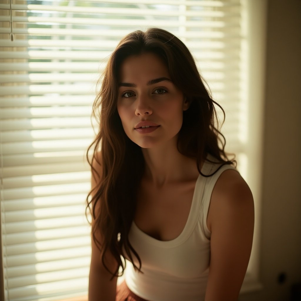 A young woman with long dark hair, light complexion, wearing a white tank top. Soft and warm lighting from sunlight filtering through blinds. Background has pale off-white curtain. The image has an impressionistic quality with a golden hour aesthetic.