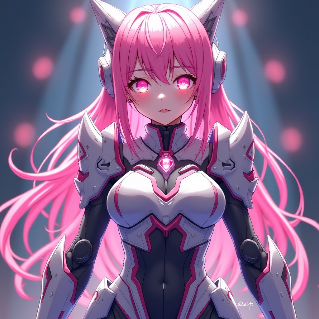 Vibrant anime-style character in futuristic armor. Character features pink hair and glowing eyes. Full image showcases intricate armor design and dynamic colors.