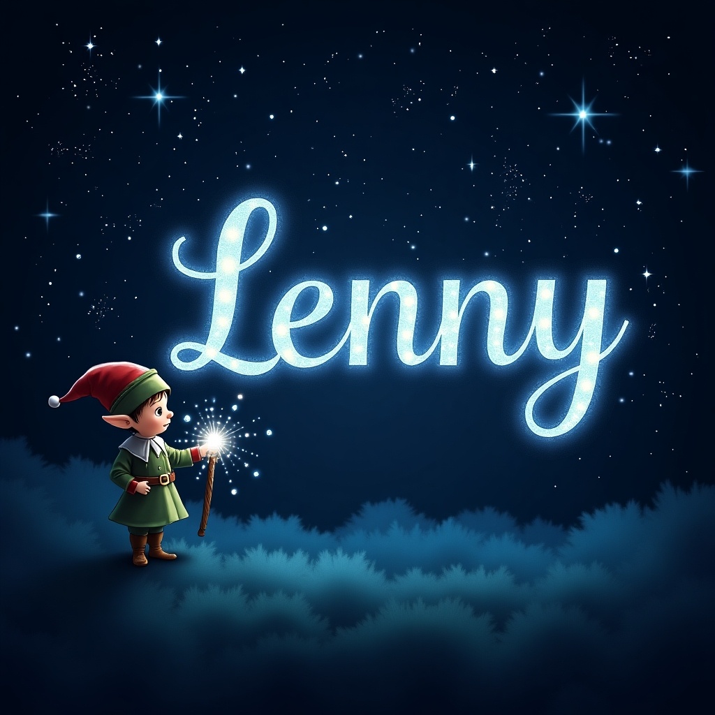 An elf uses a wand for writing names in sparkling text at a starry night sky. The name Lenny glows elegantly. The background is dark highlighting the bright letters. It conveys magic and wonder resembling a fairy tale.